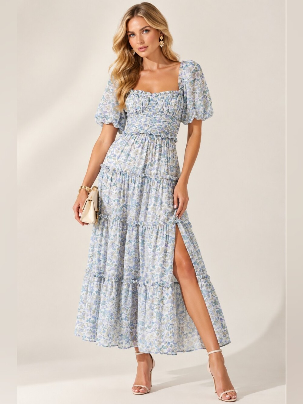 ASTR The Label Florentina Floral Print Puff-Sleeve Smocked Maxi Dress Size Small